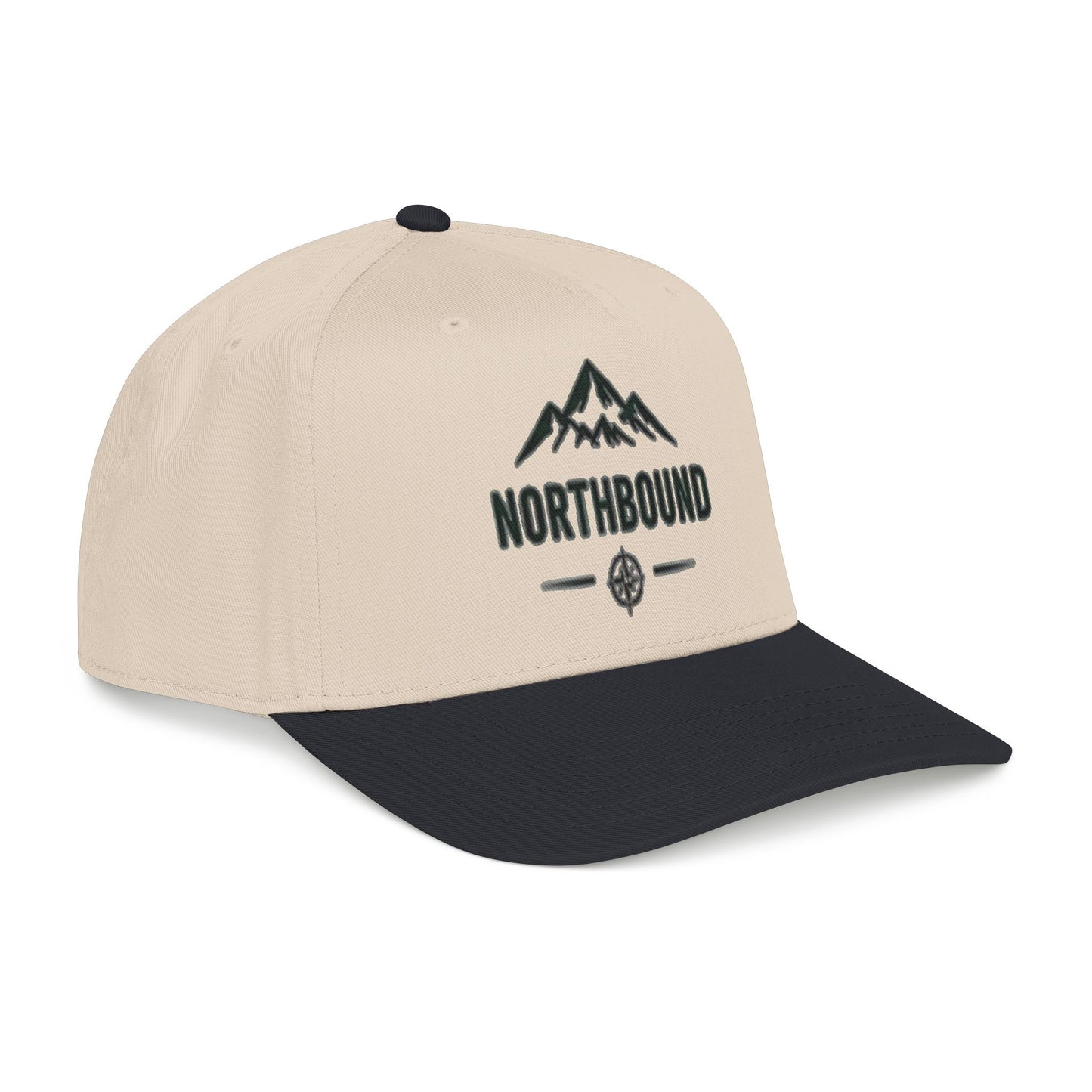 A structured baseball cap with a cream-colored crown and a dark forest green brim, featuring a black mountain logo and 'NORTHBOUND' text on the front.
