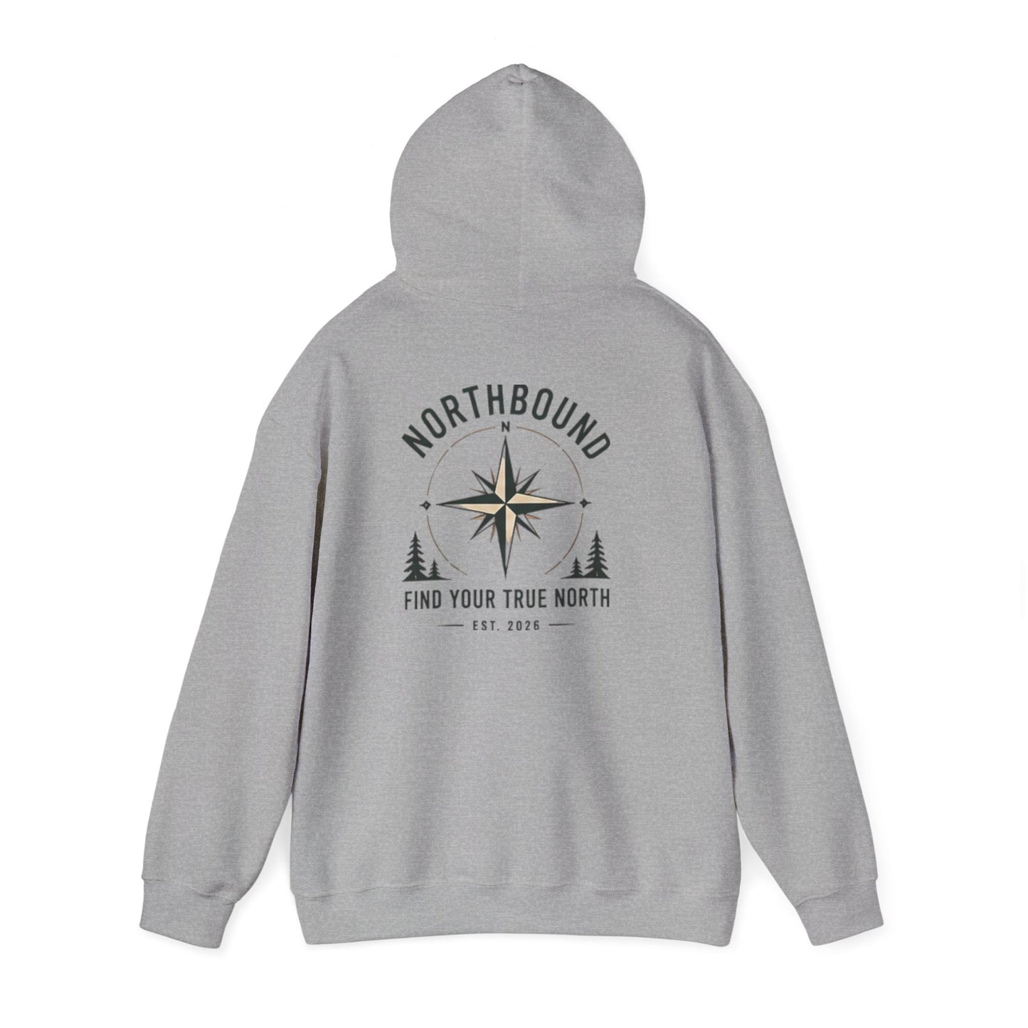 Gray hoodie with 'Northbound Find Your True North EST. 2026' text on the back against a white background