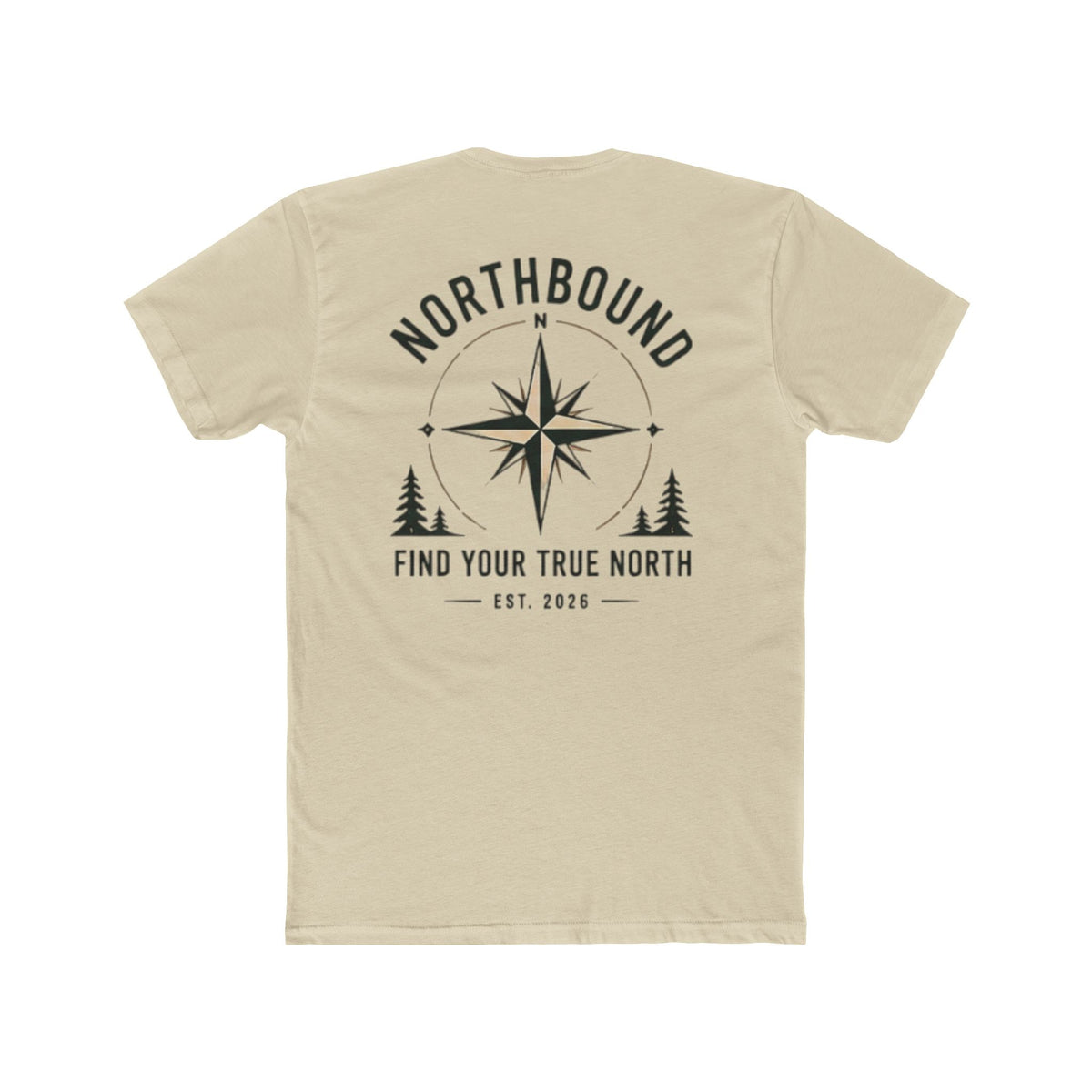 A light beige crewneck t-shirt shown from the back, featuring a black graphic print with a compass rose, pine trees, and the text 'NORTHBOUND' and 'FIND YOUR TRUE NORTH EST. 2026'.