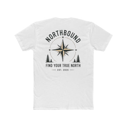 A white short-sleeve t-shirt shown from the back, featuring a black graphic print with a compass rose, pine trees, and the text 'NORTHBOUND' and 'FIND YOUR TRUE NORTH EST. 2026'.