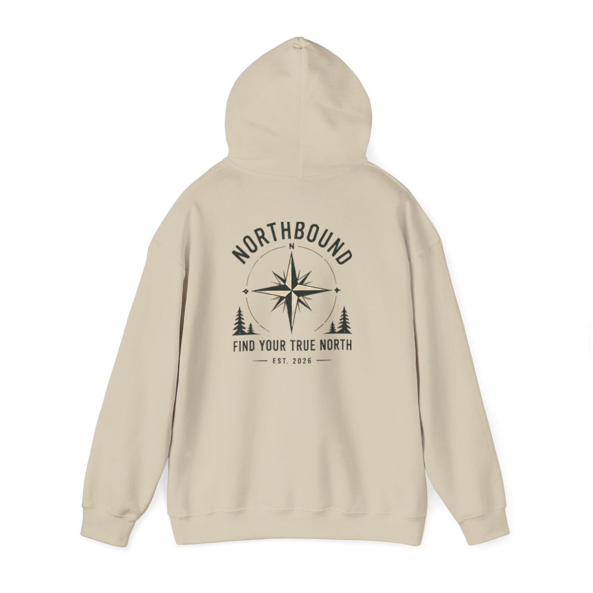 A beige pullover hoodie shown from the back, featuring a black compass rose graphic with the text 'NORTHBOUND' and 'FIND YOUR TRUE NORTH' on a white background.