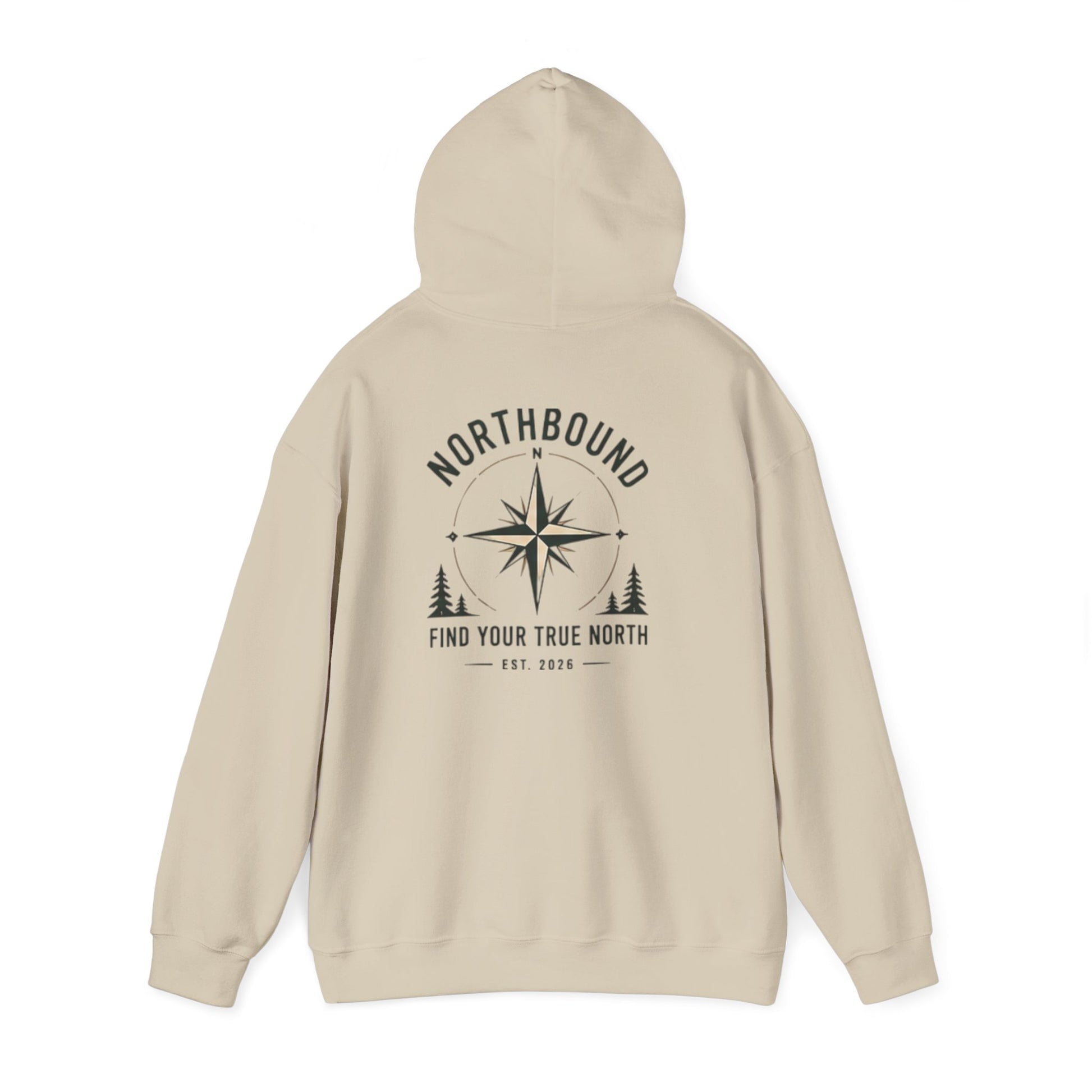 A beige pullover hoodie shown from the back, featuring a black compass rose graphic with the text 'NORTHBOUND' and 'FIND YOUR TRUE NORTH' on a white background.
