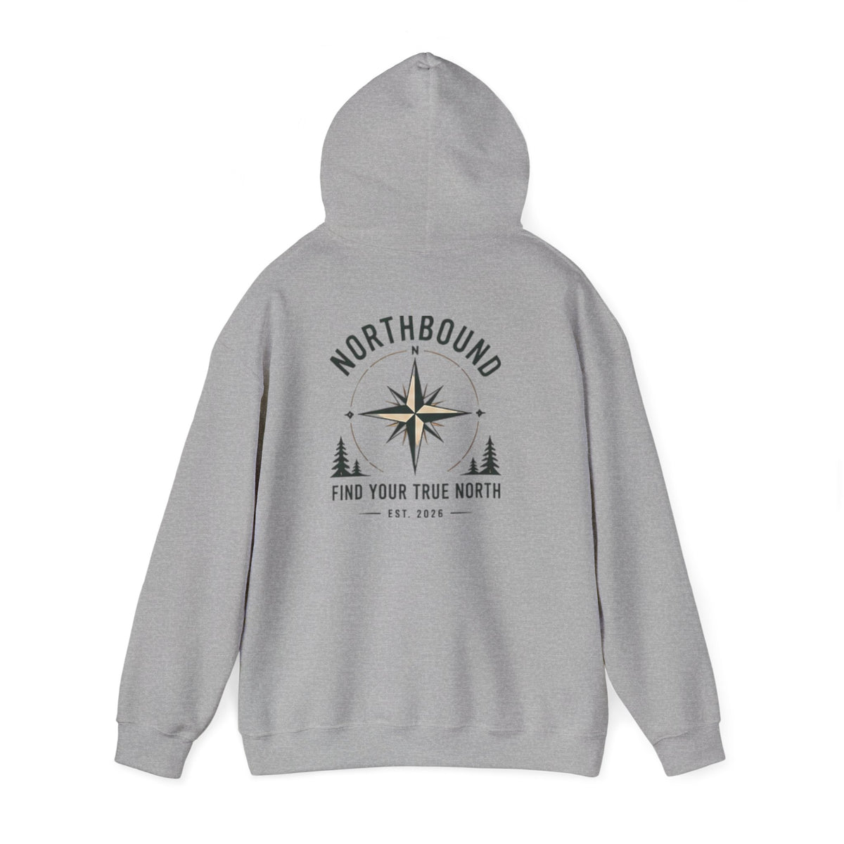 Gray hoodie with 'Northbound Find Your True North EST. 2026' text on the back against a white background