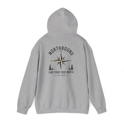 Gray hoodie with 'Northbound Find Your True North EST. 2026' text on the back against a white background