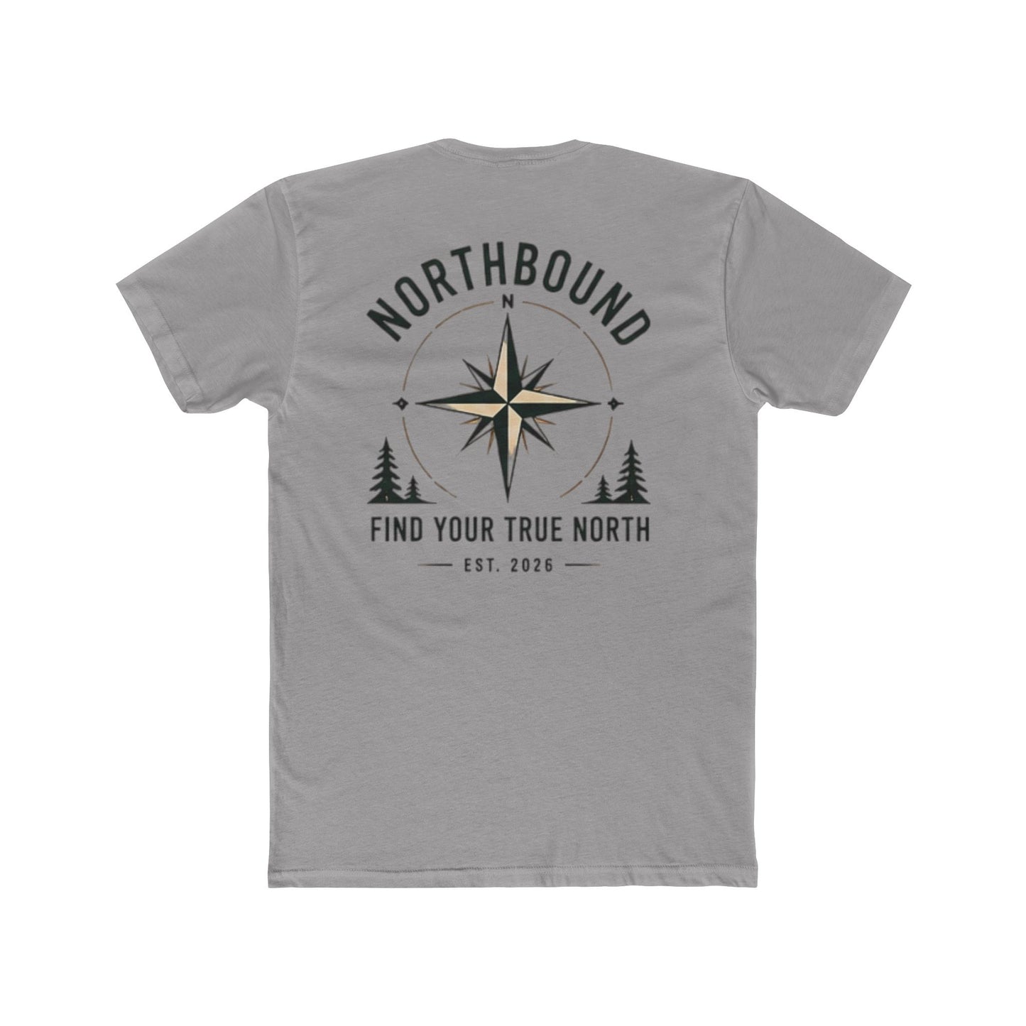 A gray short-sleeve t-shirt shown from the back, featuring a dark gray graphic print with a compass rose, pine trees, and the text 'NORTHBOUND' and 'FIND YOUR TRUE NORTH EST. 2026'.