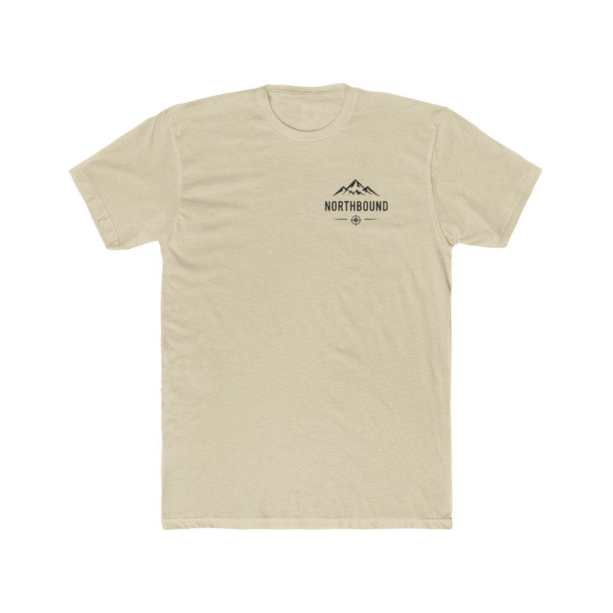 A light beige crewneck t-shirt with a small black and white wolf graphic printed on the left chest, displayed flat against a solid white background.