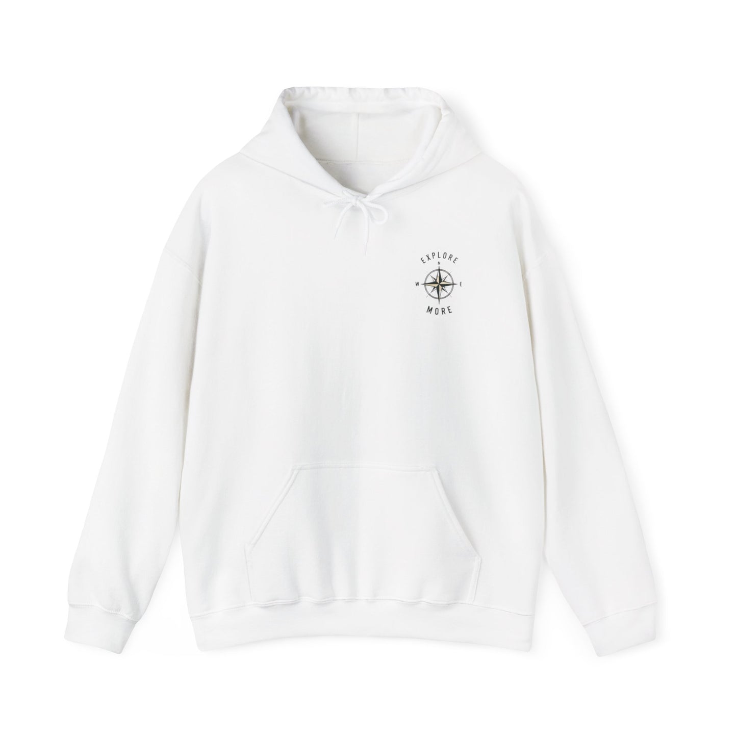 White hoodie with a logo on the chest against a white background