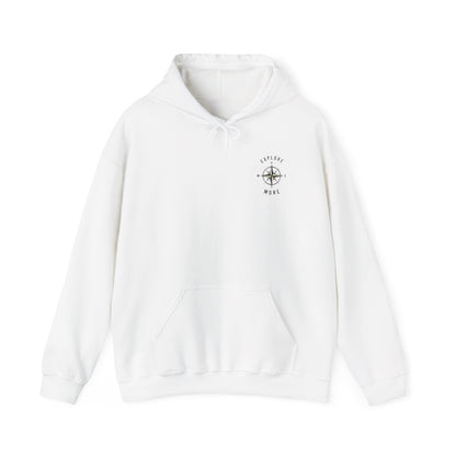 White hoodie with a logo on the chest against a white background