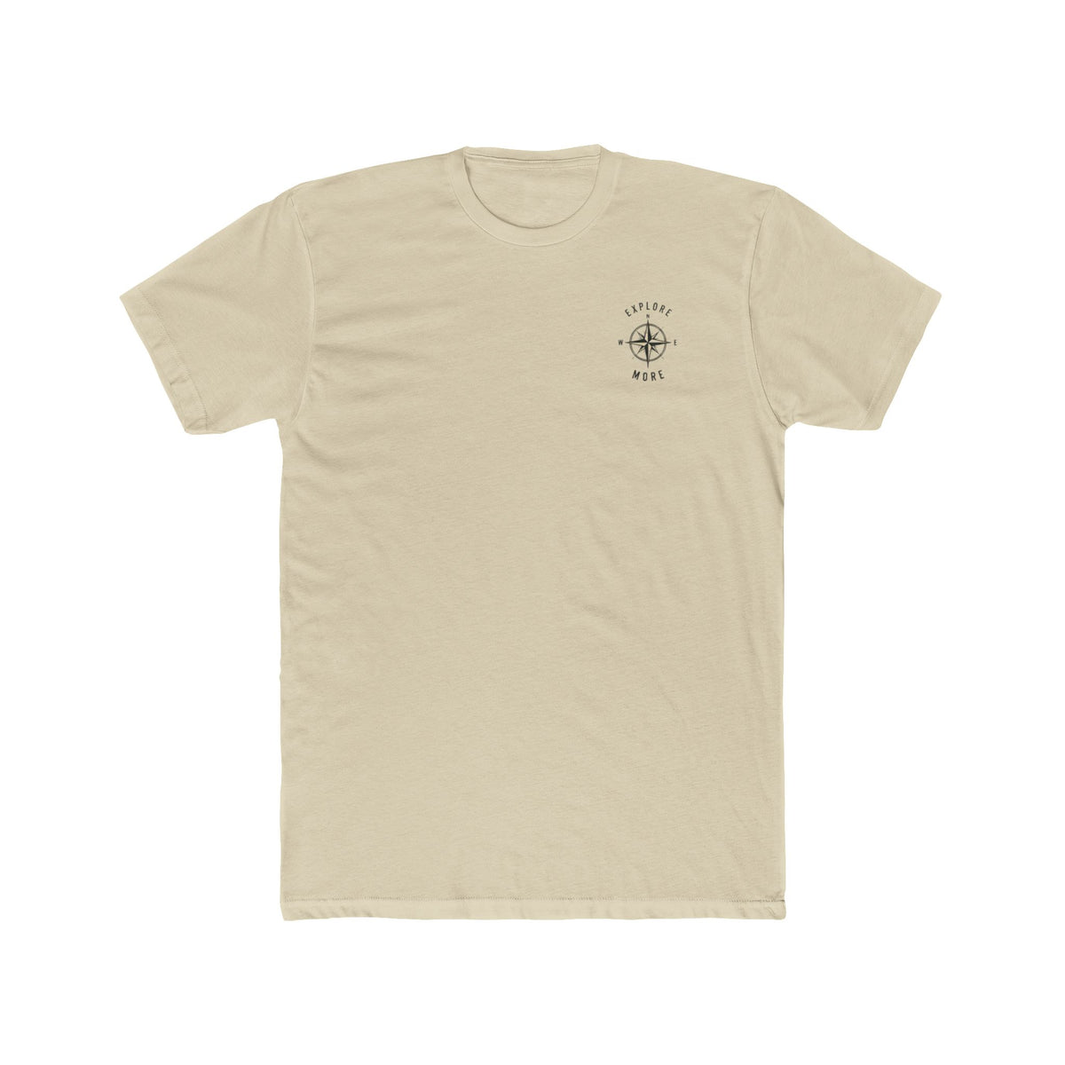 Beige t-shirt with a small logo on a white background