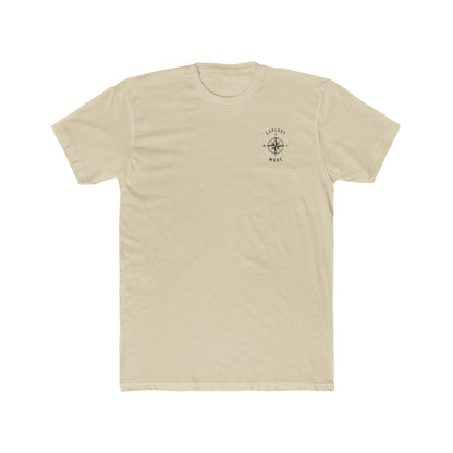 Beige t-shirt with a small logo on a white background
