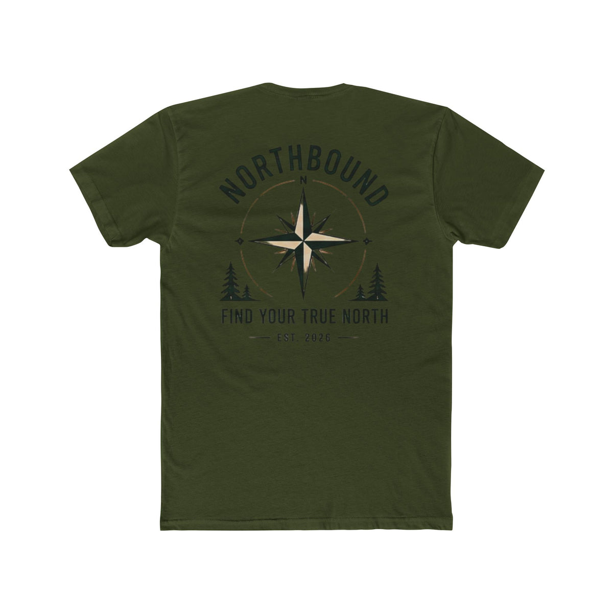 An olive green short-sleeve t-shirt shown from the back, featuring a dark graphic print of a compass rose, pine trees, and the text 'NORTHBOUND' and 'FIND YOUR TRUE NORTH' on a plain white background.
