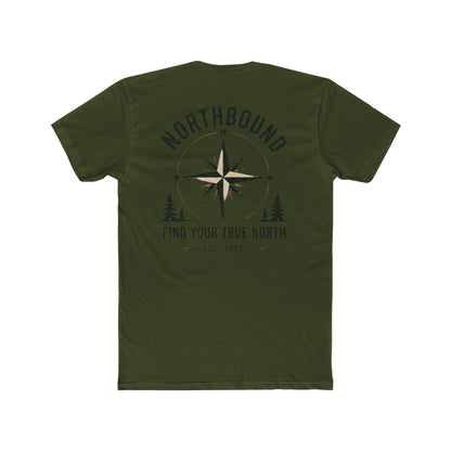 An olive green short-sleeve t-shirt shown from the back, featuring a dark graphic print of a compass rose, pine trees, and the text 'NORTHBOUND' and 'FIND YOUR TRUE NORTH' on a plain white background.