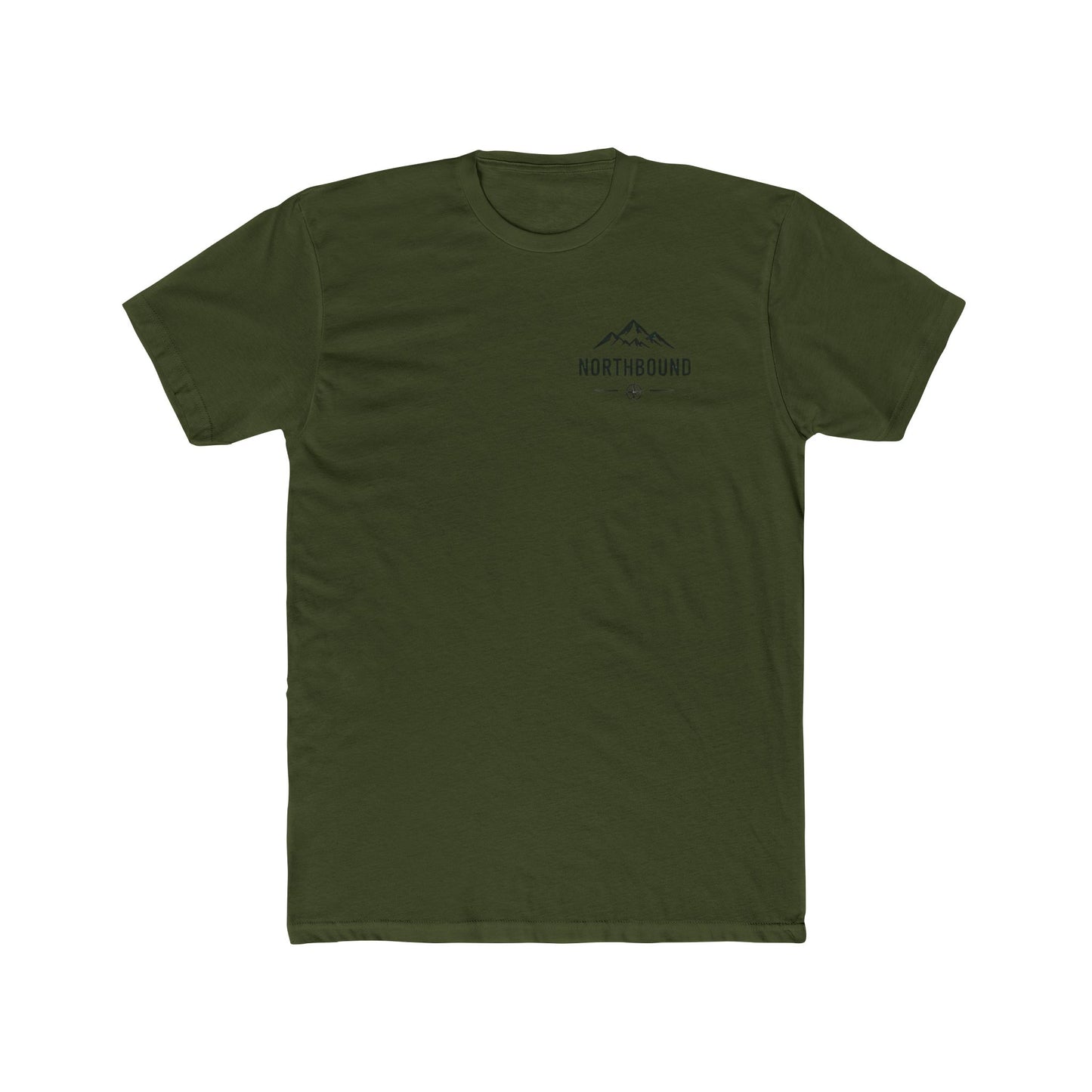 Green t-shirt with a small logo on a white background