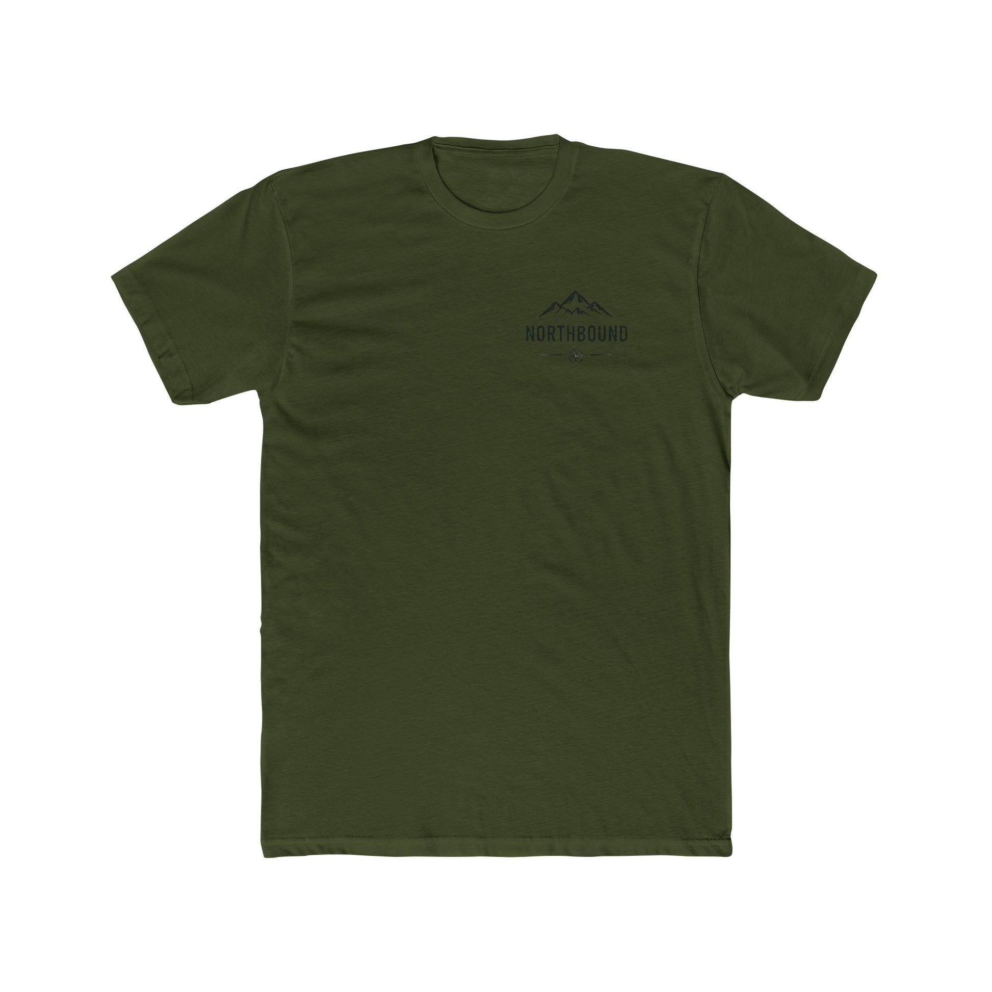 Green t-shirt with a small logo on a white background