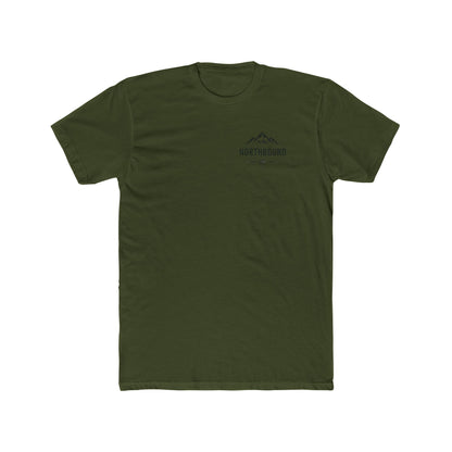 Green t-shirt with a small logo on a white background