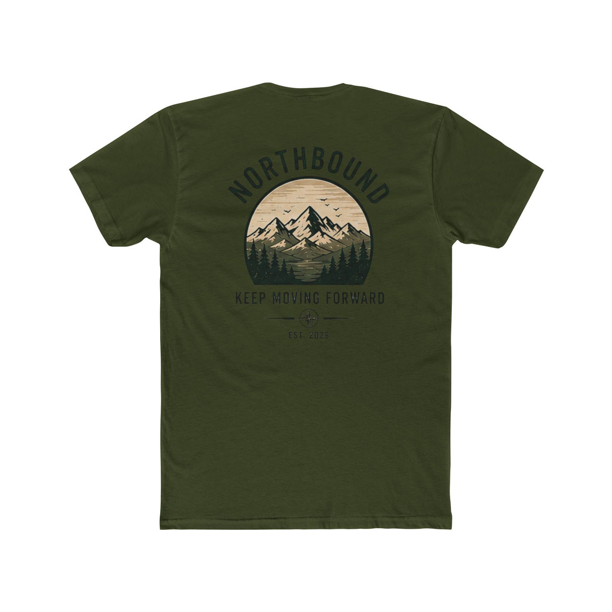An olive green short-sleeve t-shirt shown from the back, featuring a circular mountain graphic with the text 'NORTHBOUND' and 'KEEP MOVING FORWARD' in a vintage style.