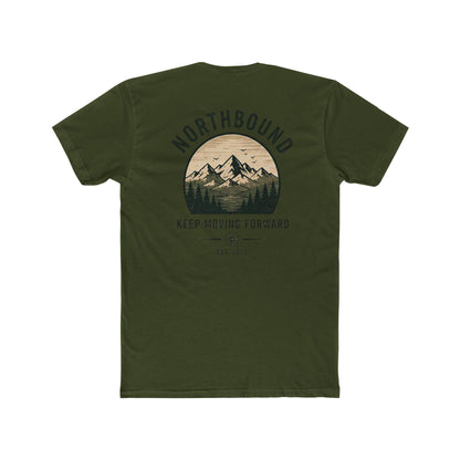 An olive green short-sleeve t-shirt shown from the back, featuring a circular mountain graphic with the text 'NORTHBOUND' and 'KEEP MOVING FORWARD' in a vintage style.