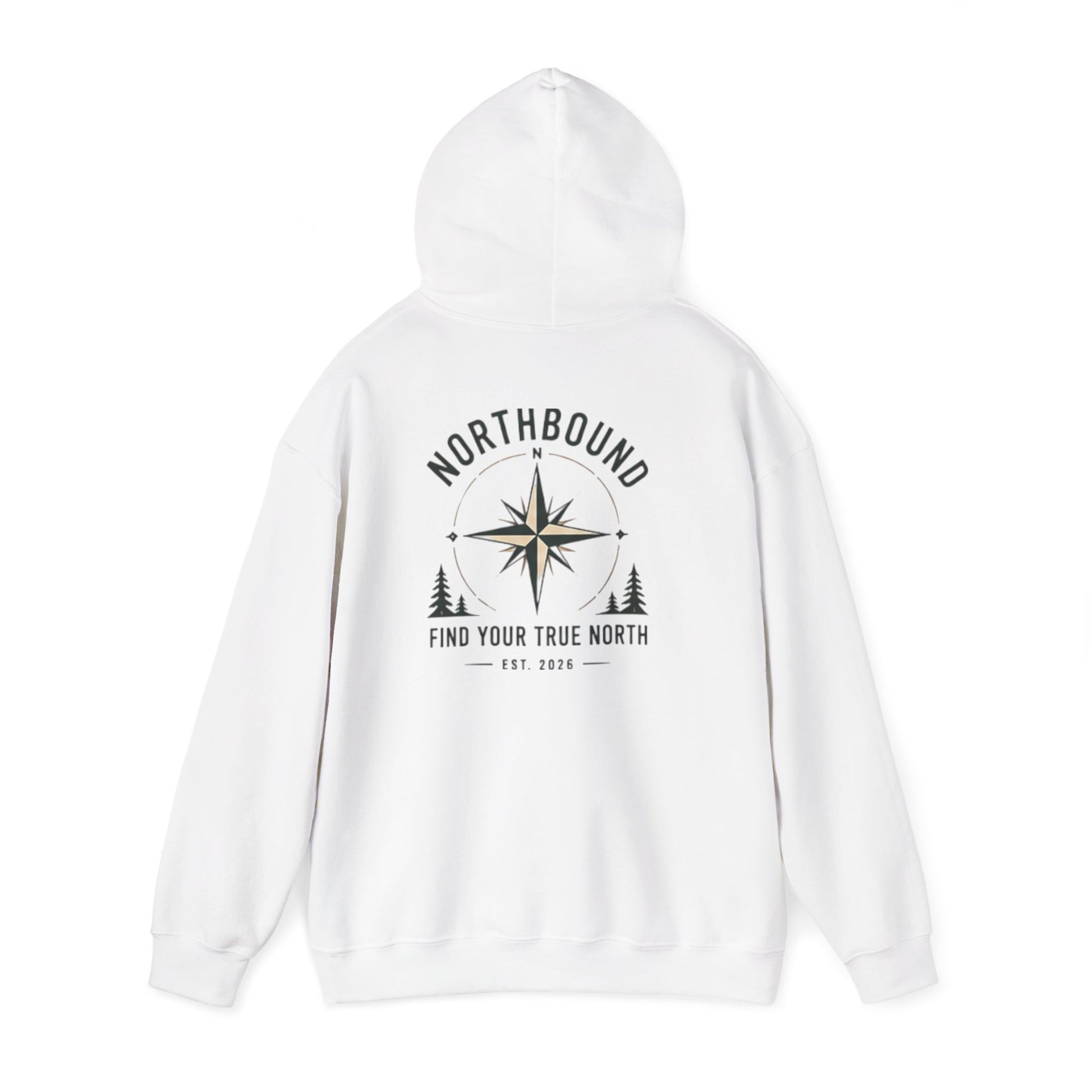 A white pullover hoodie shown from the back, featuring a black graphic print with a compass rose, pine trees, and the text 'NORTHBOUND' and 'FIND YOUR TRUE NORTH EST. 2026'.