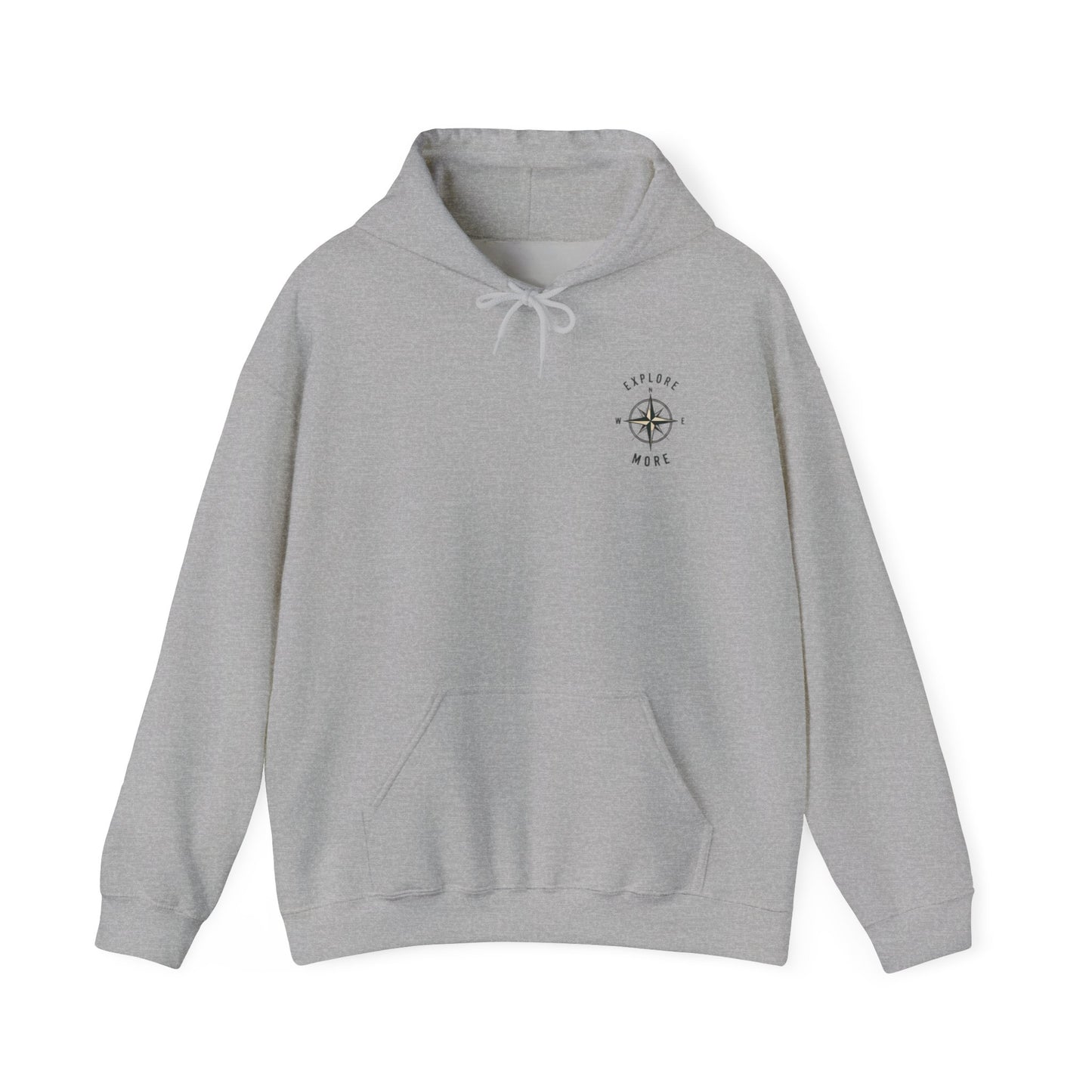 Gray hoodie with 'Explore More' text on a white background