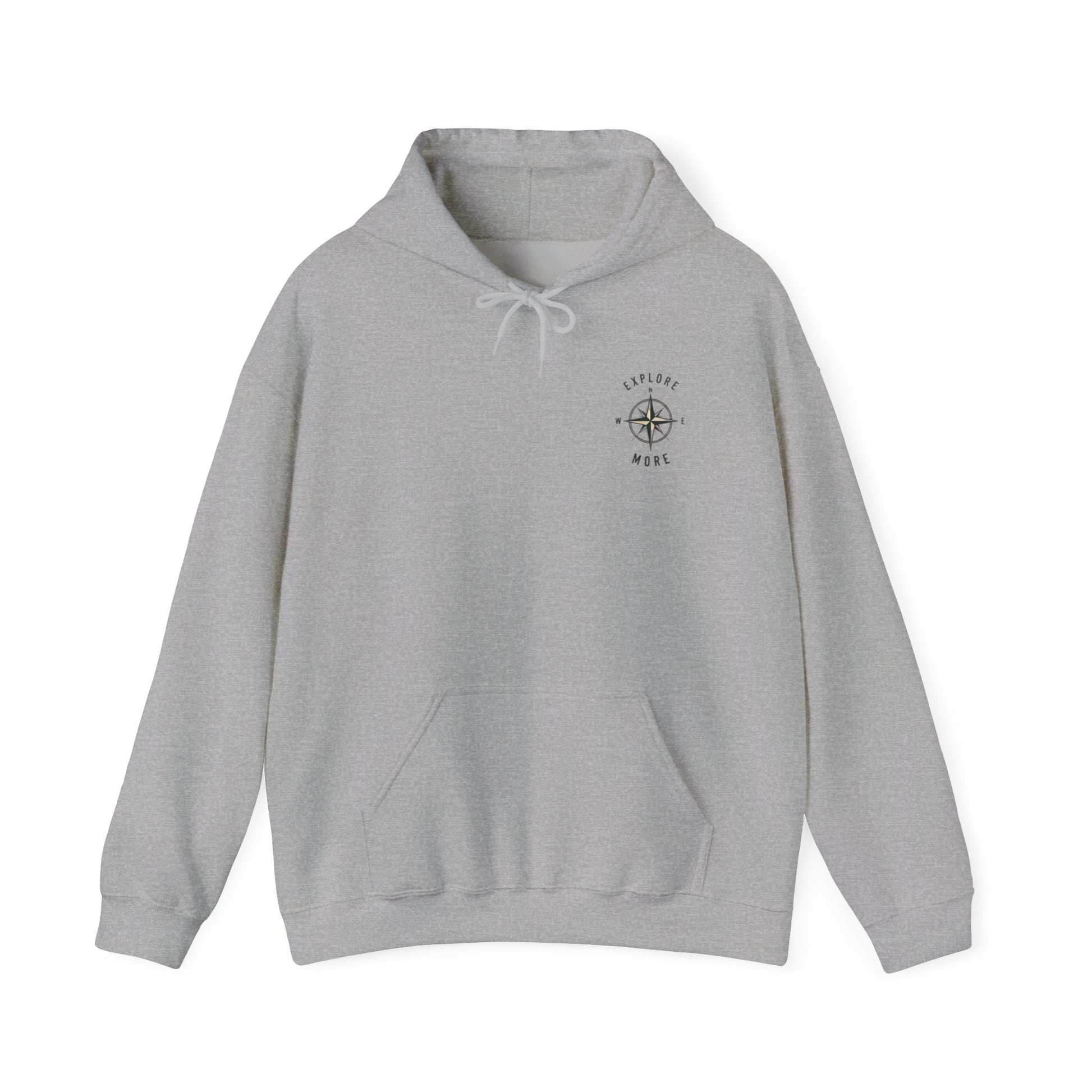 Gray hoodie with 'Explore More' text on a white background