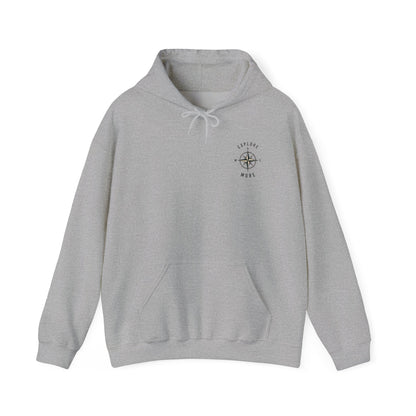Gray hoodie with 'Explore More' text on a white background