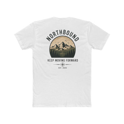 A white short-sleeve t-shirt shown from the back, featuring a circular graphic print of a mountain range with the text 'NORTHBOUND' above and 'KEEP MOVING FORWARD' below.