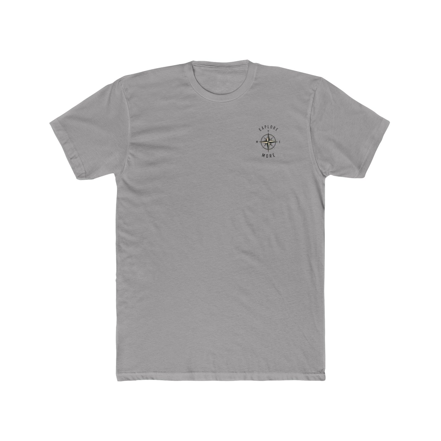 A light gray crewneck t-shirt with a small black compass graphic and the words 'Explore More' printed on the left chest, displayed on a solid white background.