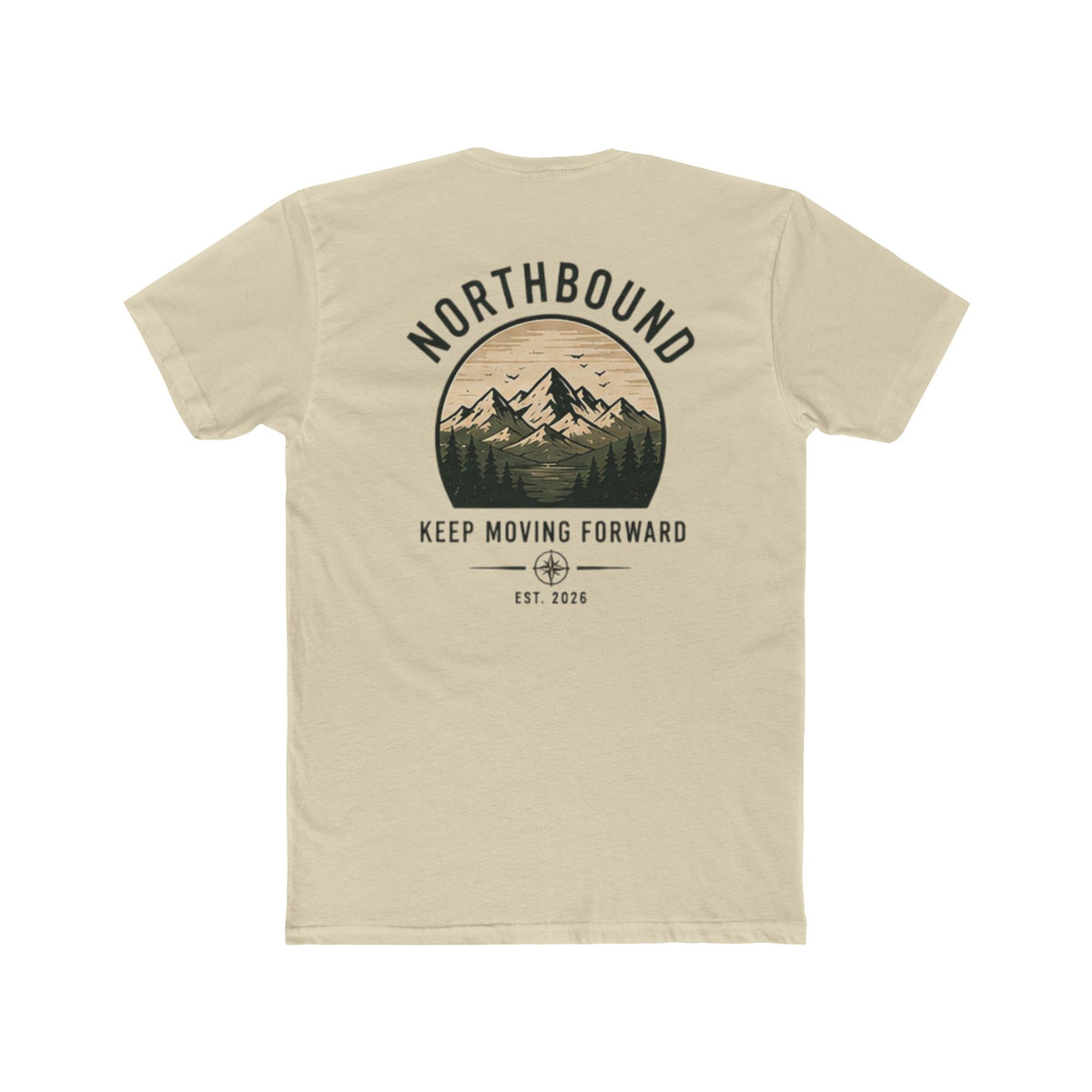 A beige short-sleeve t-shirt shown from the back, featuring a circular mountain graphic with the text 'NORTHBOUND' and 'KEEP MOVING FORWARD' in black and dark brown.