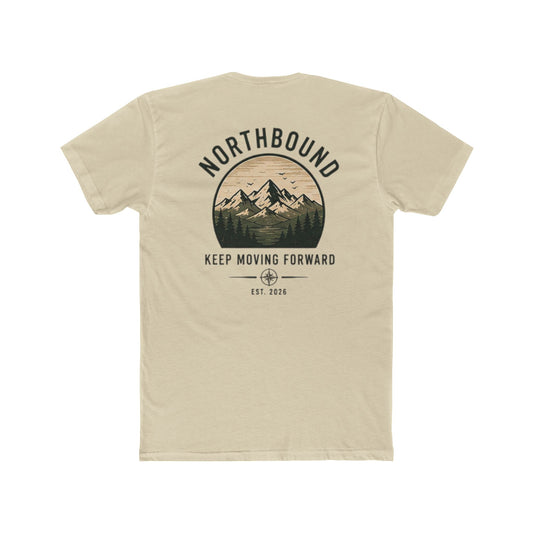 A beige short-sleeve t-shirt shown from the back, featuring a circular mountain graphic with the text 'NORTHBOUND' and 'KEEP MOVING FORWARD' in black and dark brown.